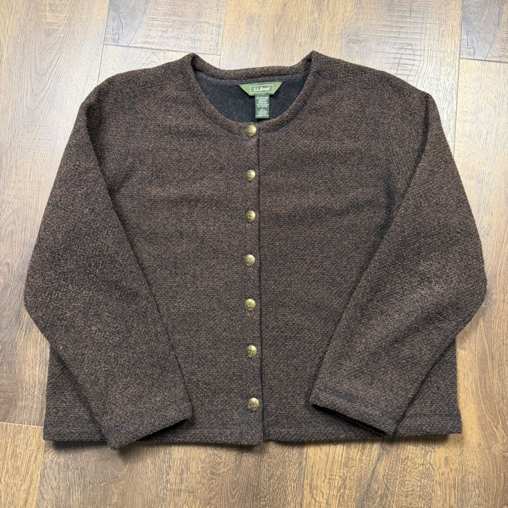 Vintage Y2K LL Bean Brown Textured Cardigan Jacket Metal Buttons Size L